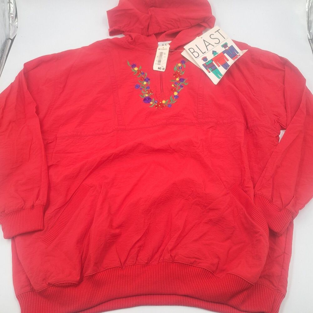 NEW Vintage Blast Womens Red Hooded Floral Windbreaker Jacket Long Sleeve Large